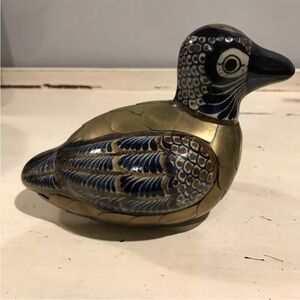 Vintage Tonala Hand Painted Mexican Pottery And Copper Plated Bird Figurine